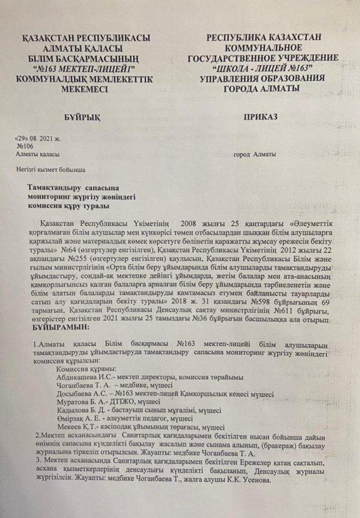 Тамақтандыру сапасына мониторинг жүрізу жөніндегі комиссия құру туралы бұйрық