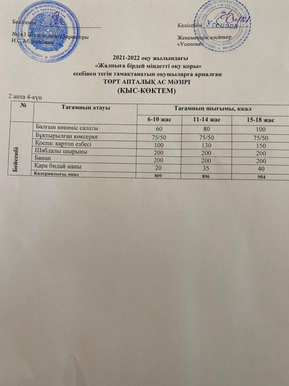 Күнделікті тегін тамақтанатын оқушылардың ас мәзірі (10.03.2022)