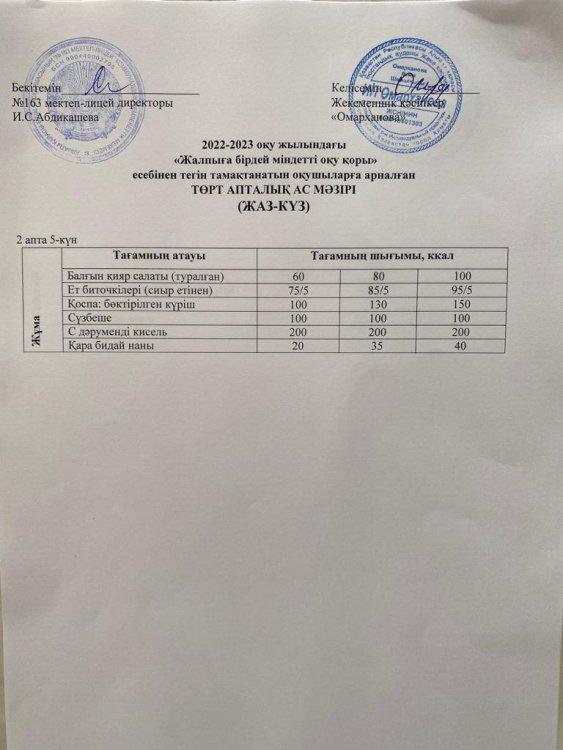 Күнделікті тегін тамақтанатын оқушылардың ас мәзірі (07.10.2022)