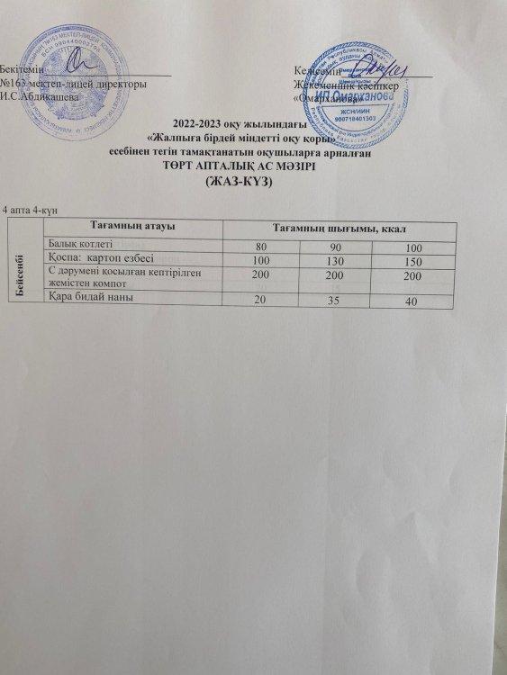 Күнделікті тегін тамақтанатын оқушылардың ас мәзірі (20.10.2022)