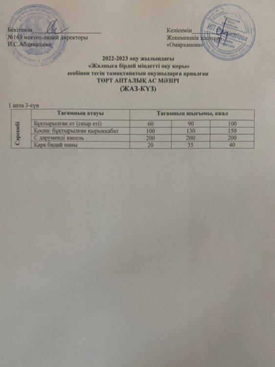 Күнделікті тегін тамақтанатын оқушылардың ас мәзірі (26.10.2022)