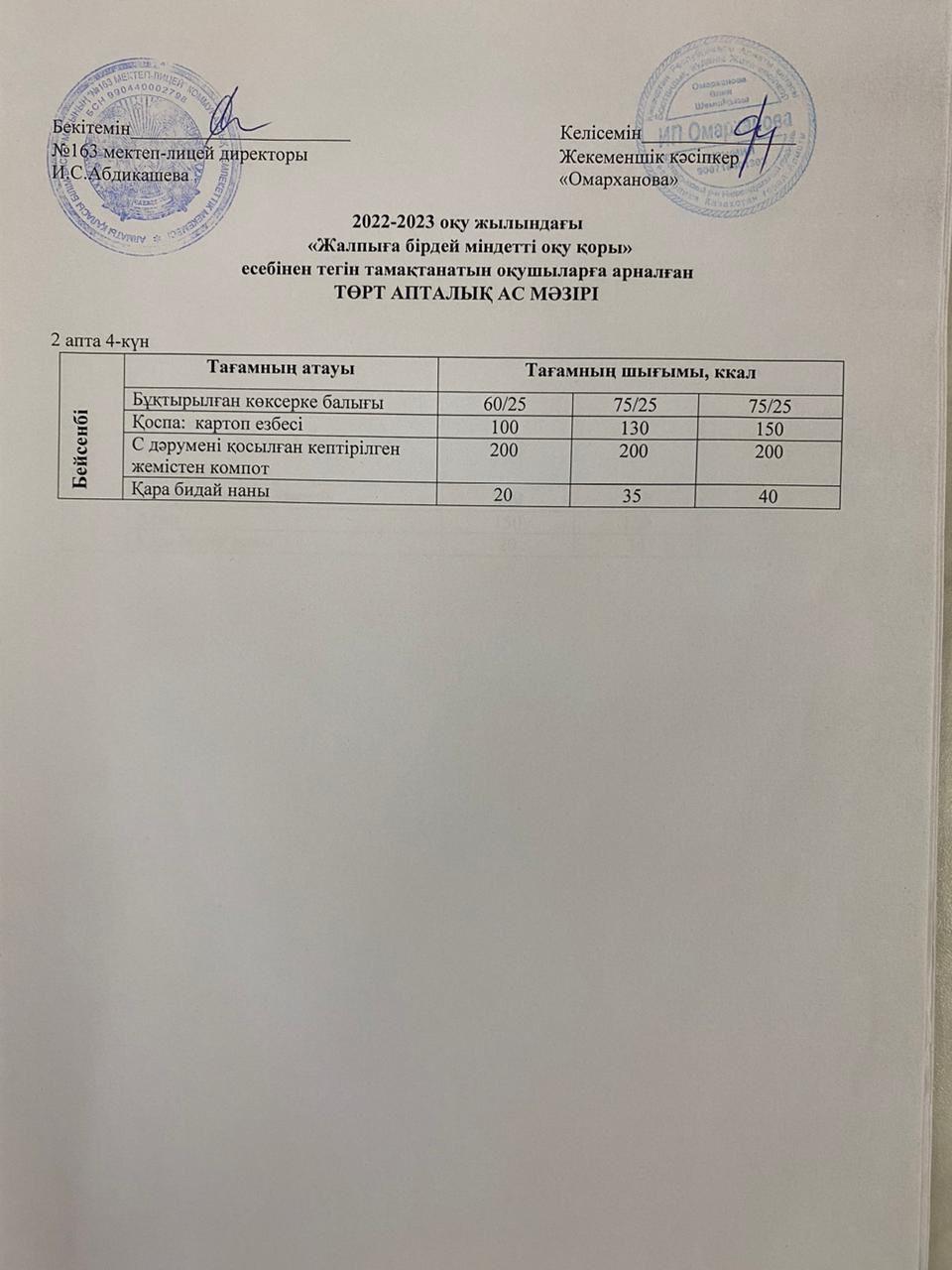 Күнделікті тегін тамақтанатын оқушылардың ас мәзірі (16.02.2023)