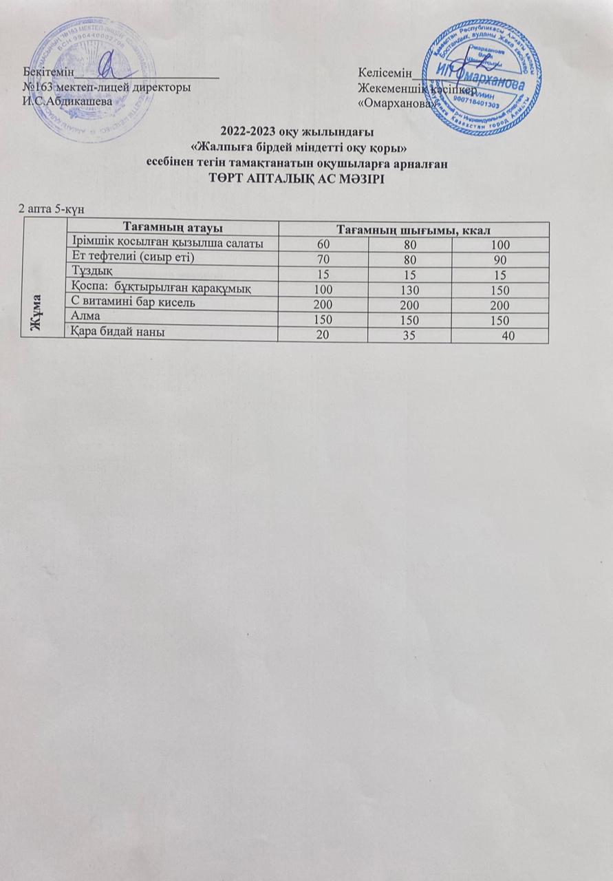 Күнделікті тегін тамақтанатын оқушылардың ас мәзірі (17.02.2023)