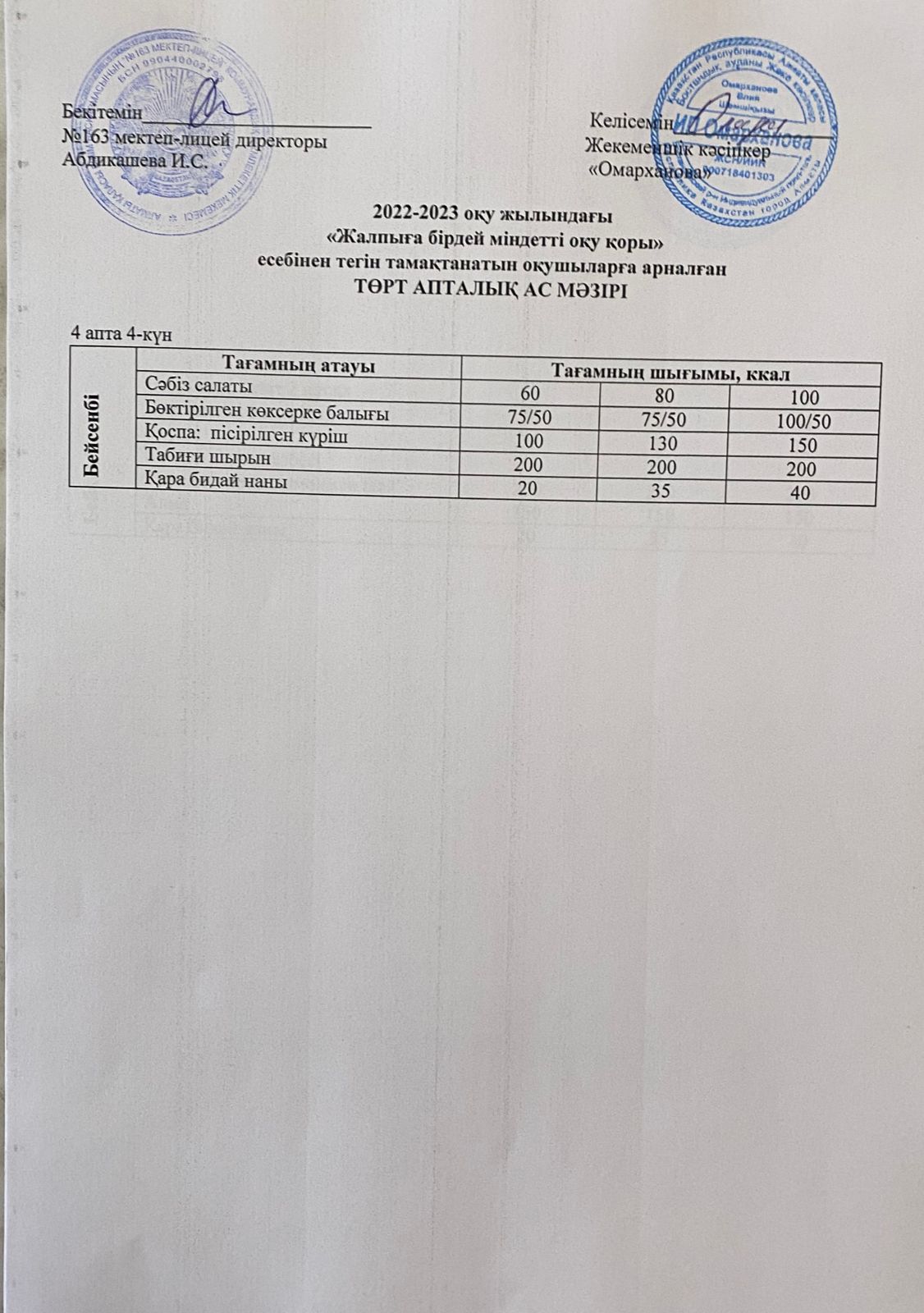 Күнделікті тегін тамақтанатын оқушылардың ас мәзірі (30.03.2023)