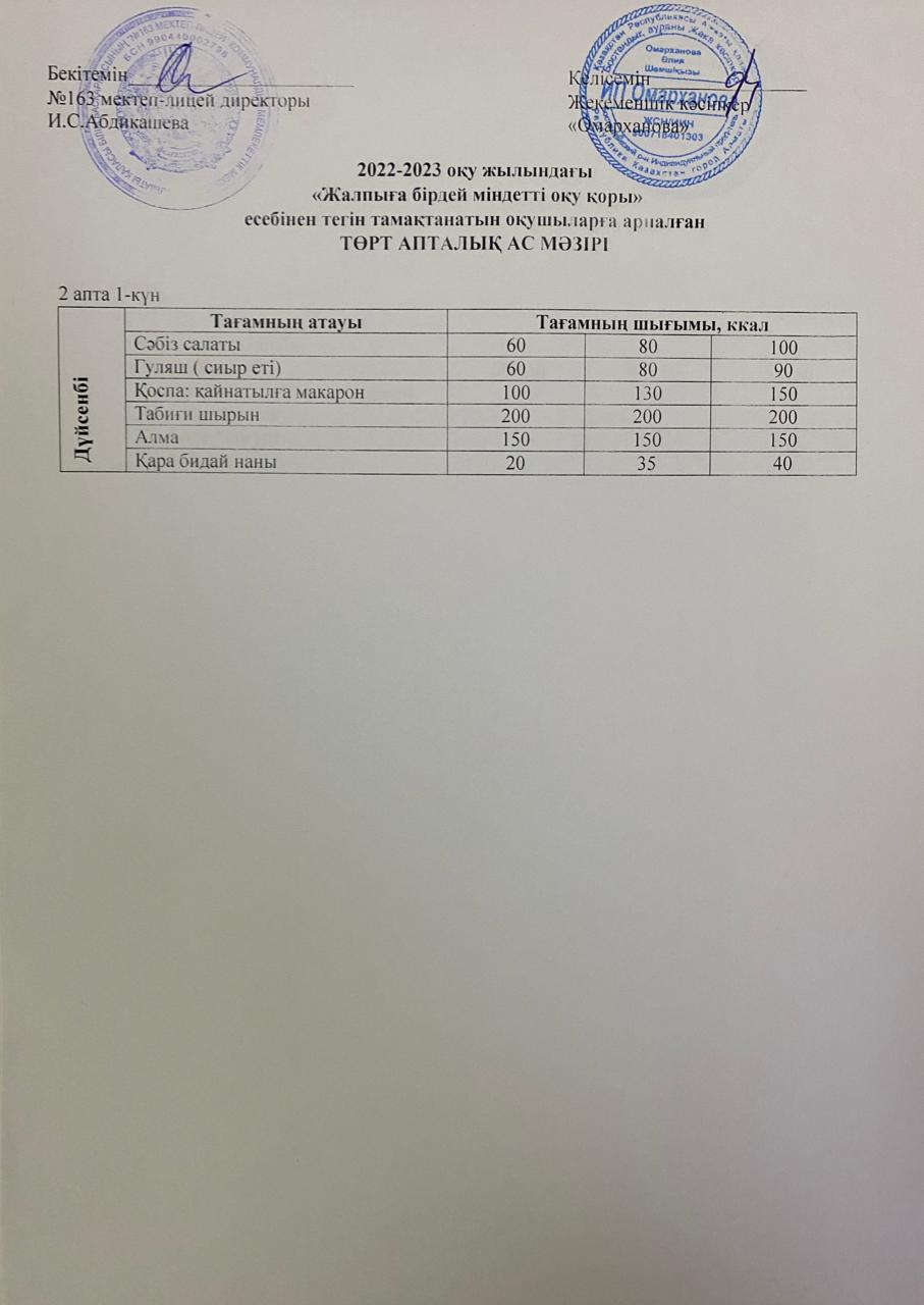 Күнделікті тегін тамақтанатын оқушылардың ас мәзірі (10.04.2023)
