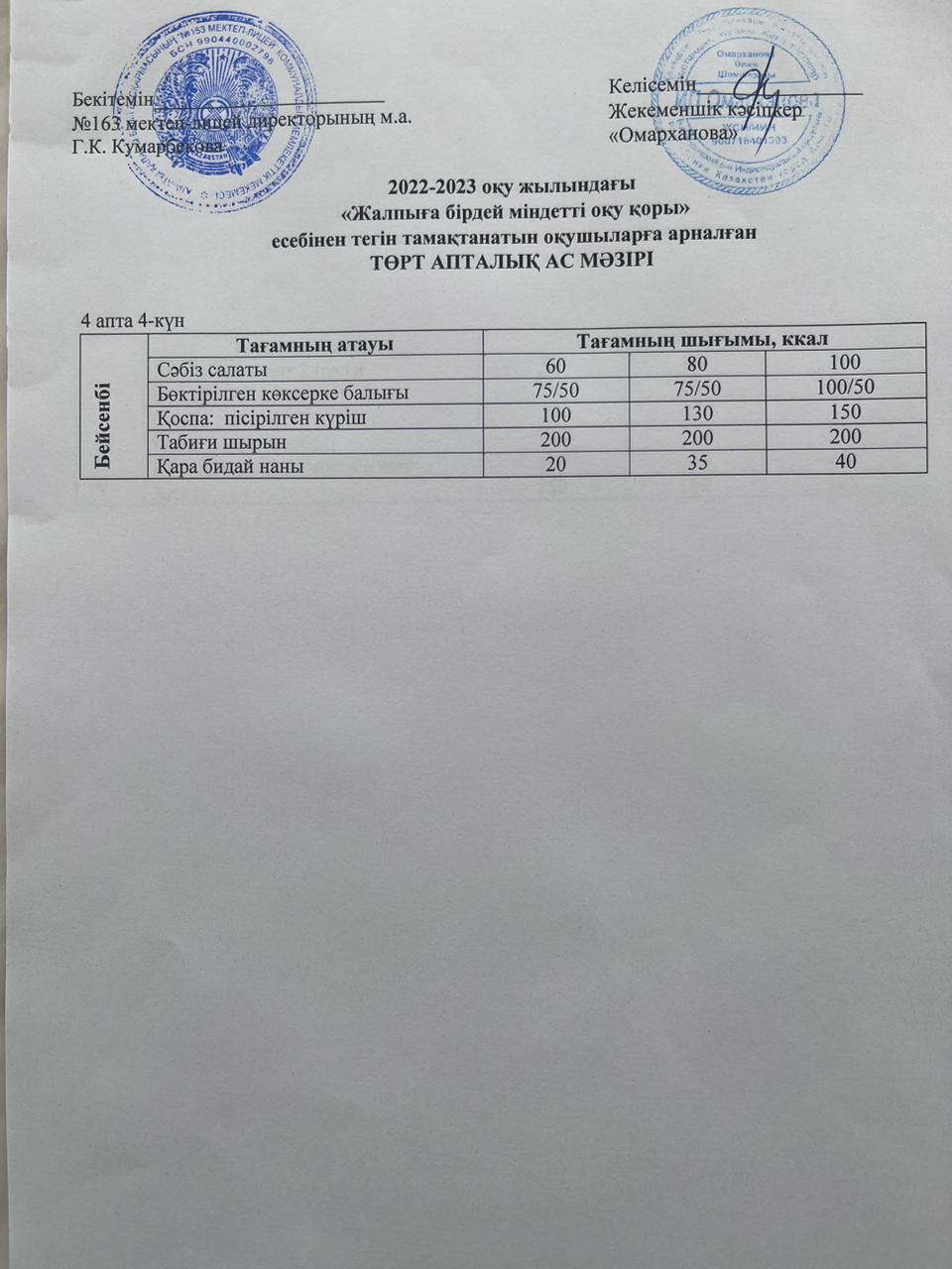 Күнделікті тегін тамақтанатын оқушылардың ас мәзірі (27.04.2023)
