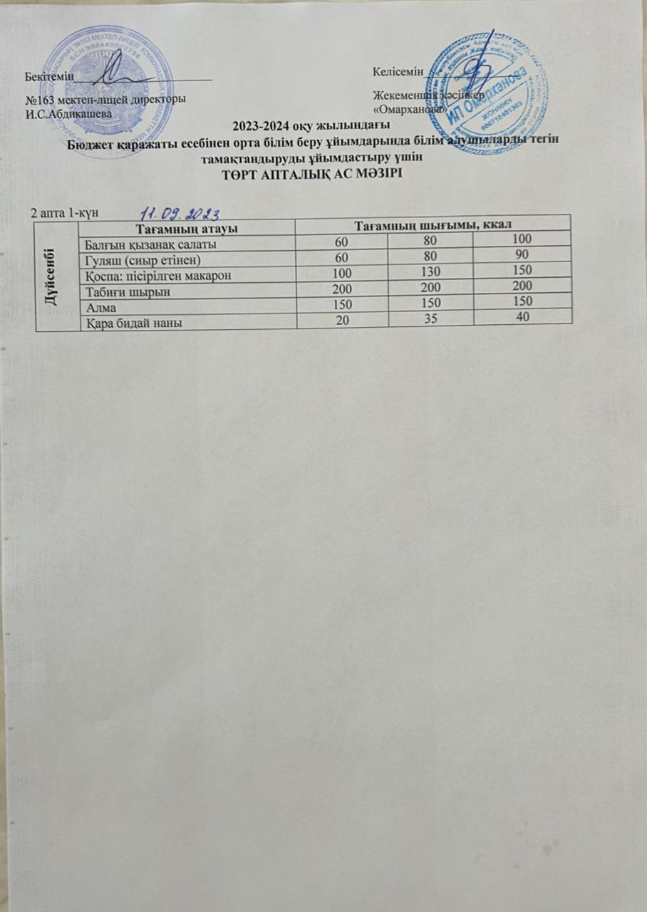 Күнделікті тегін тамақтанатын оқушылардың ас мәзірі (11.09.2023)