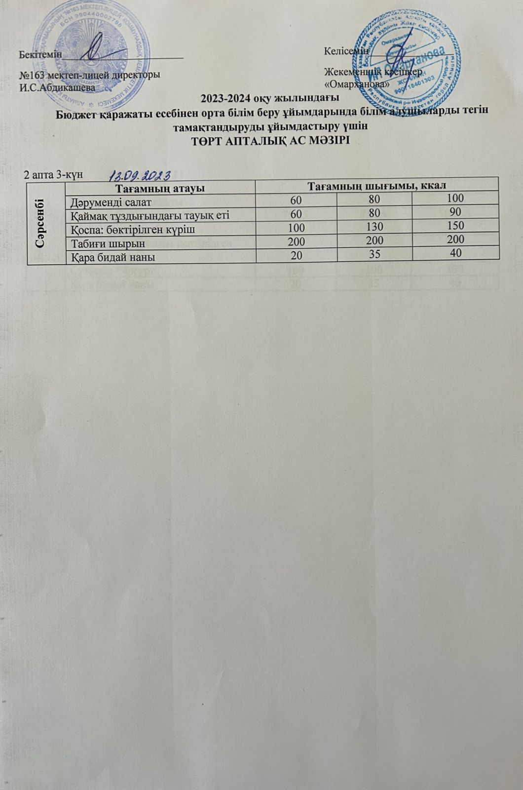 Күнделікті тегін тамақтанатын оқушылардың ас мәзірі (13.09.2023)