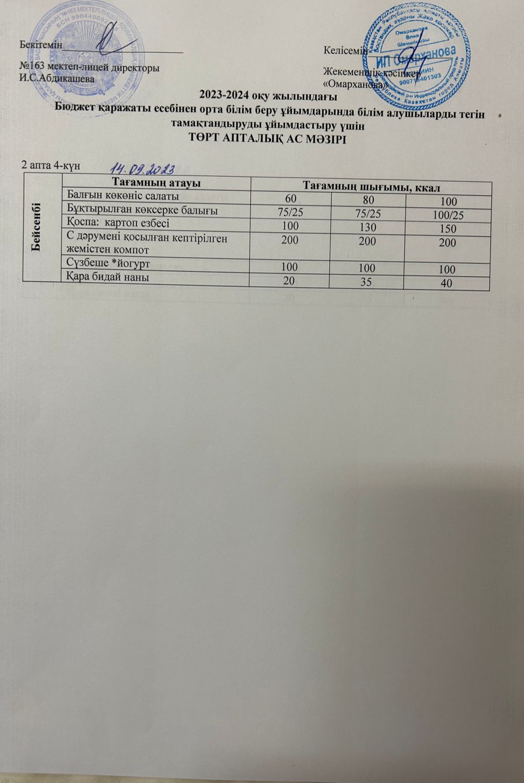 Күнделікті тегін тамақтанатын оқушылардың ас мәзірі (14.09.2023)