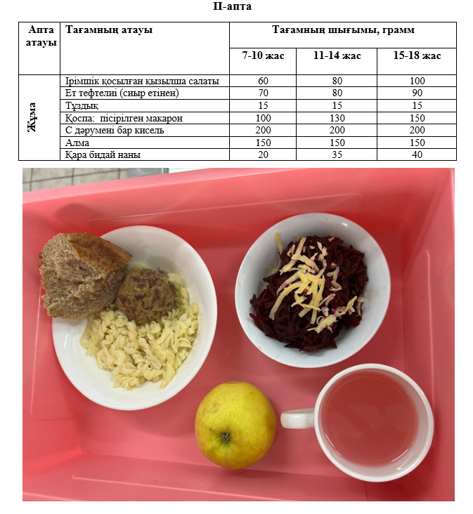 Күнделікті тегін тамақтанатын оқушылардың ас мәзірі (17.01.2025) 2 апта 5 күн