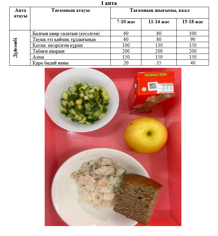 Күнделікті тегін тамақтанатын оқушылардың ас мәзірі (03.02.2025) 1 апта 1 күн