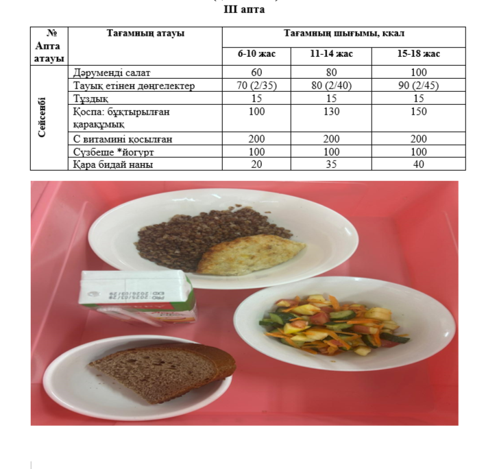 Күнделікті тегін тамақтанатын оқушылардың ас мәзірі (15.04.2025) 3 апта 2 күн
