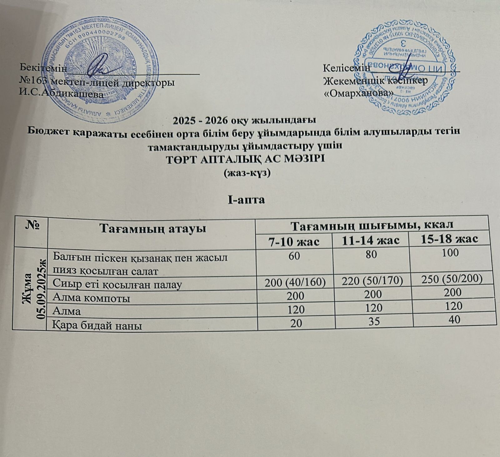 Ас мәзірі 1-апта 5-күн