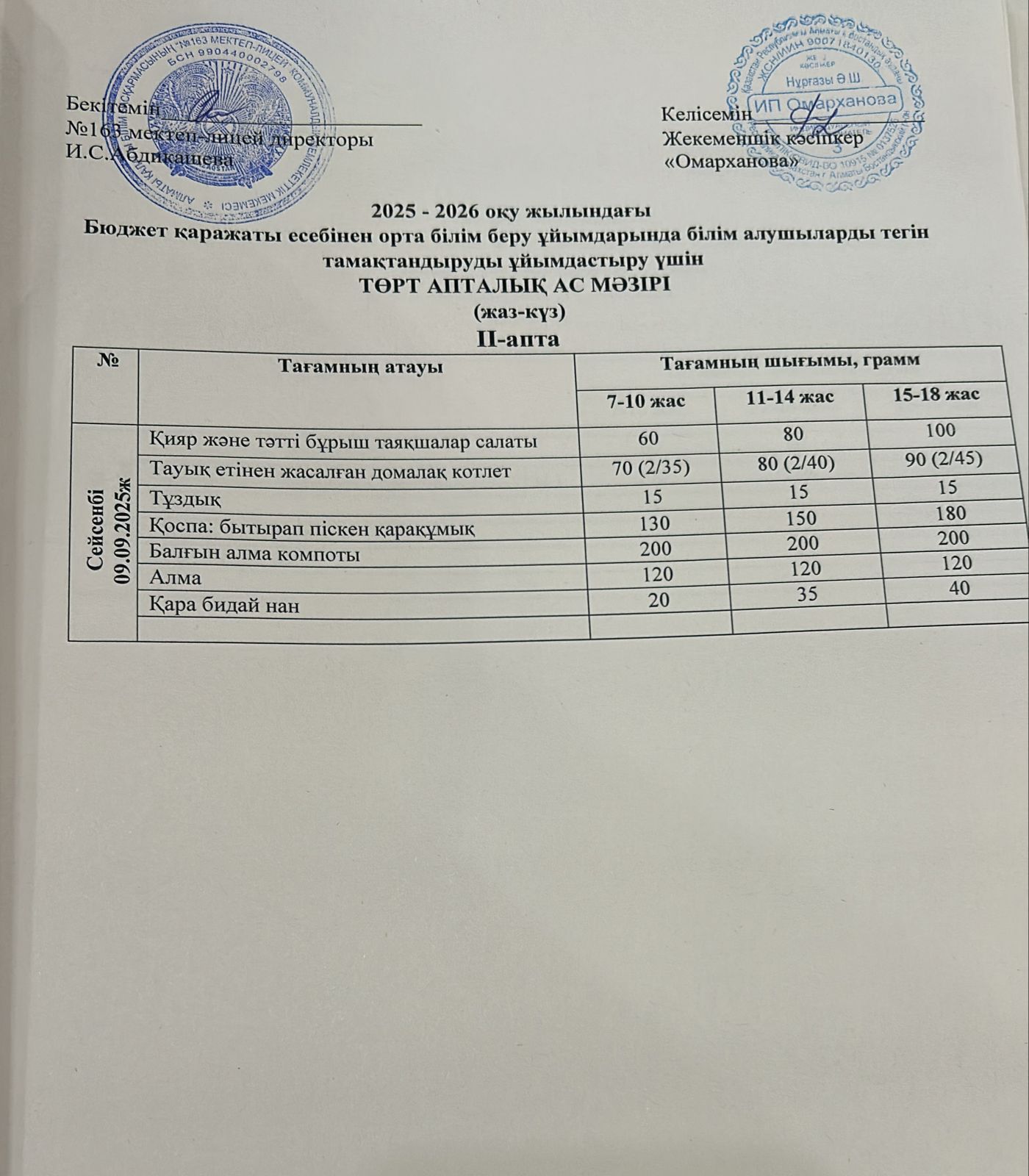 Ас мәзірі 2-апта 2-күн